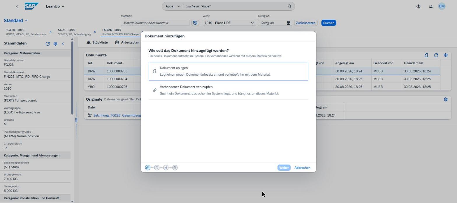 Erster Schritt des Assistenten: die Wahl zwischen einem neuen Dokumentinfosatz und der Verknüpfung eines vorhandenen Dokuments.
