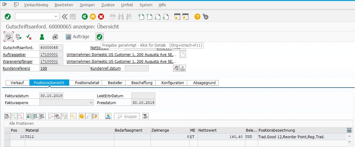 Gutschriftsanforderung in VA03 mit dem Statusbutton in der Drucktastenleiste, die Quickinfo lautet: Freigabe genehmigt, Klick für Details